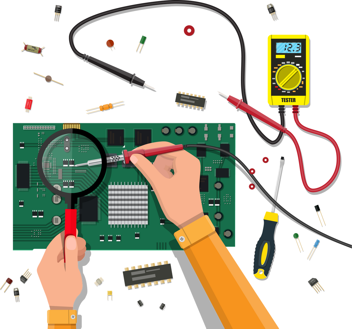 Engineer with Multimeter Checks Motherboard